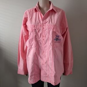 Vintage Bugle Boy embroidered samon bottom down shirt, men's medium